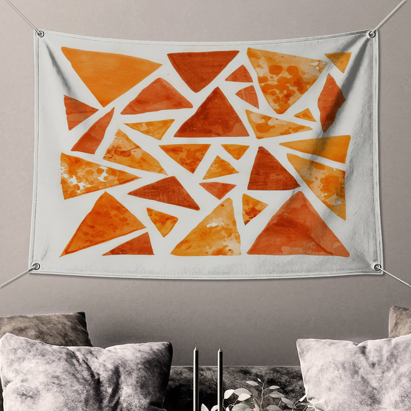 Tapisserie murale orange à formes triangulaires - Décoration murale géométrique, H 104 po x 88 avec 4 œillets