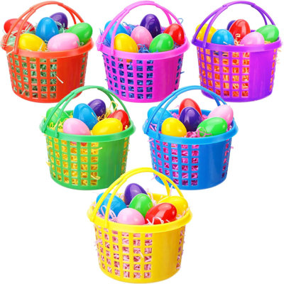 48 Pcs Easter Egg Baskets Set, 6 Plastic Easter Baskets With Handle 36 Colourful Fillable Egg Surprise 6 Tissue Raffia Paper For Spring Theme Party(Rainbow)