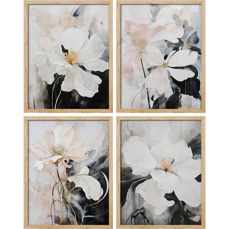 «Elegant Magnolia Watercolor Soft Floral», impression encadrée sur papier, 4 pièces, H 16 po x l 12 po, Naturel