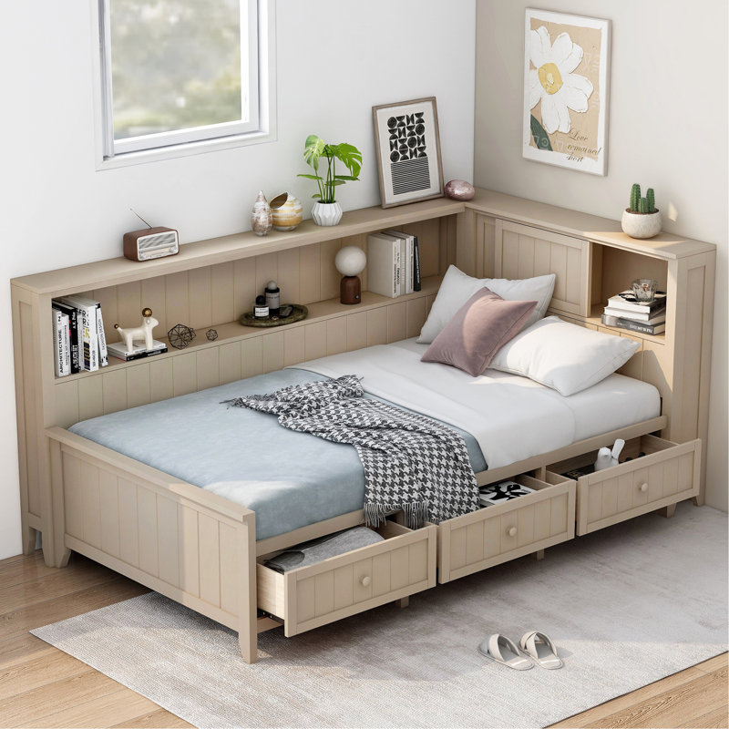 Lit de jour simple en bois avec tablettes de rangement et 3 tiroirs, lait blanc antique