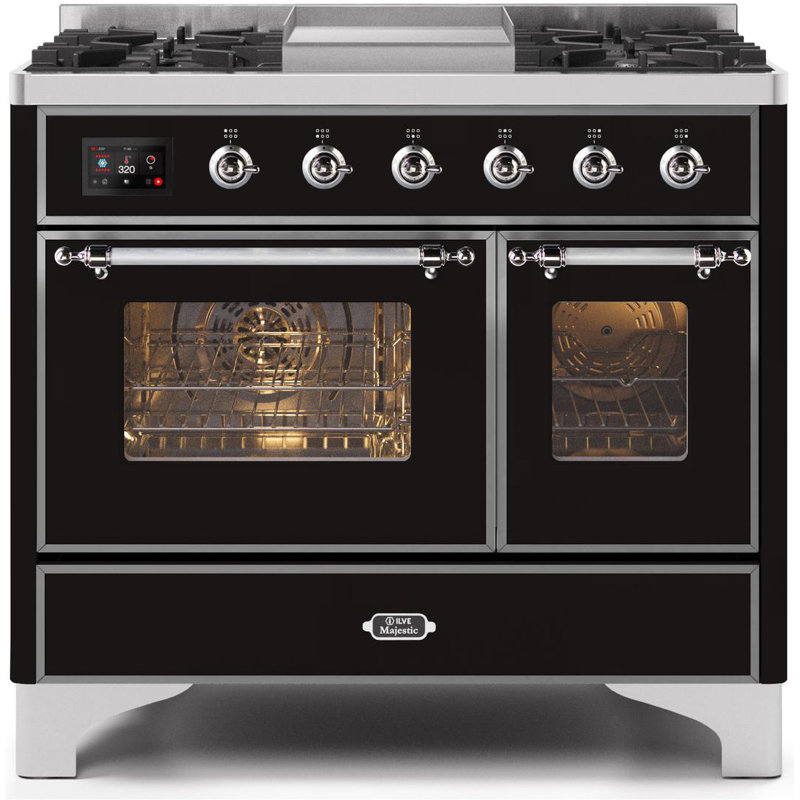 ILVE Majestic II Series 40 inch Dual Fuel Range with 6 Sealed Burners, Griddle (Glass Door), Gloss Black/Chrome