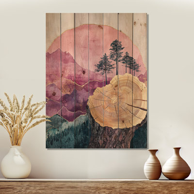 Lavender Bamboo In A Chinese Ink Landscape II - Tree Wood Print - On Natural Pine Wood