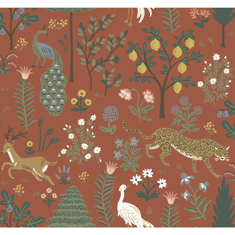 Rouleau de papier peint floral non tissé Menagerie, Orange rétro
