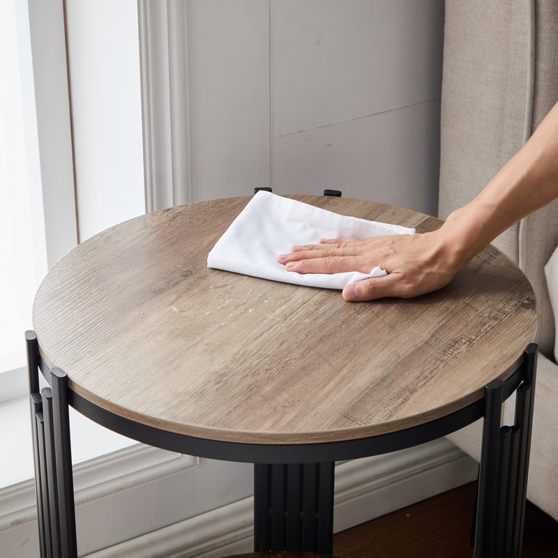 Table d'appoint ronde à deux niveaux en bois de 50 cm (19,7 po) avec cadre en métal noir de style industriel, Brown