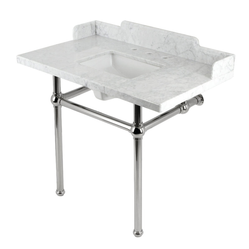 Kingston Brass Pemberton 36-Inch Carrara Marble Console Sink with Brass Legs (8-Inch, 3-Hole), Marble White/Polished Nickel
