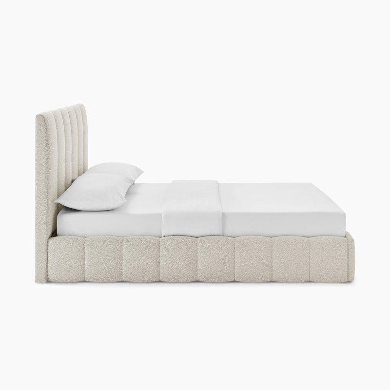 Rudasill Upholstered Ottoman Storage Bed Frame - Vertically Stitched Contemporary Headboard, Beige Boucle, Double