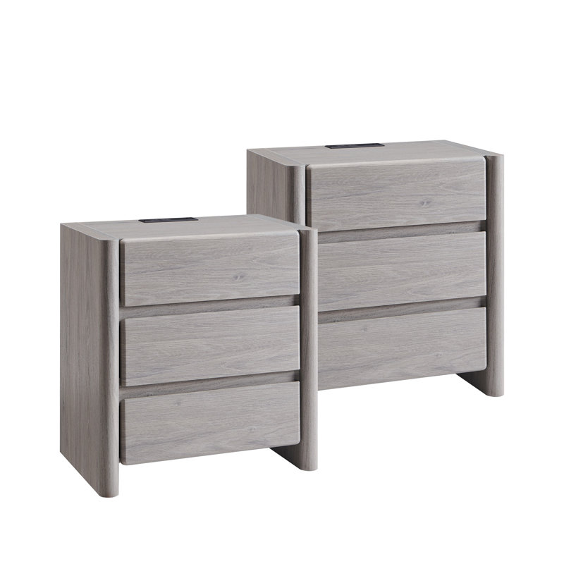 Bolanos 25" Tall Modern End Table Set of 2, 23.6" W Side Table with Charging Station & 3 Storage Drawers , Wood End Table Large Mid Century for Bedroom