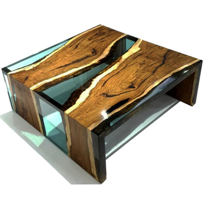 Coffee Table, 13.7" H x 39.4" L x 39.4" W, Natural Wood/Aqua
