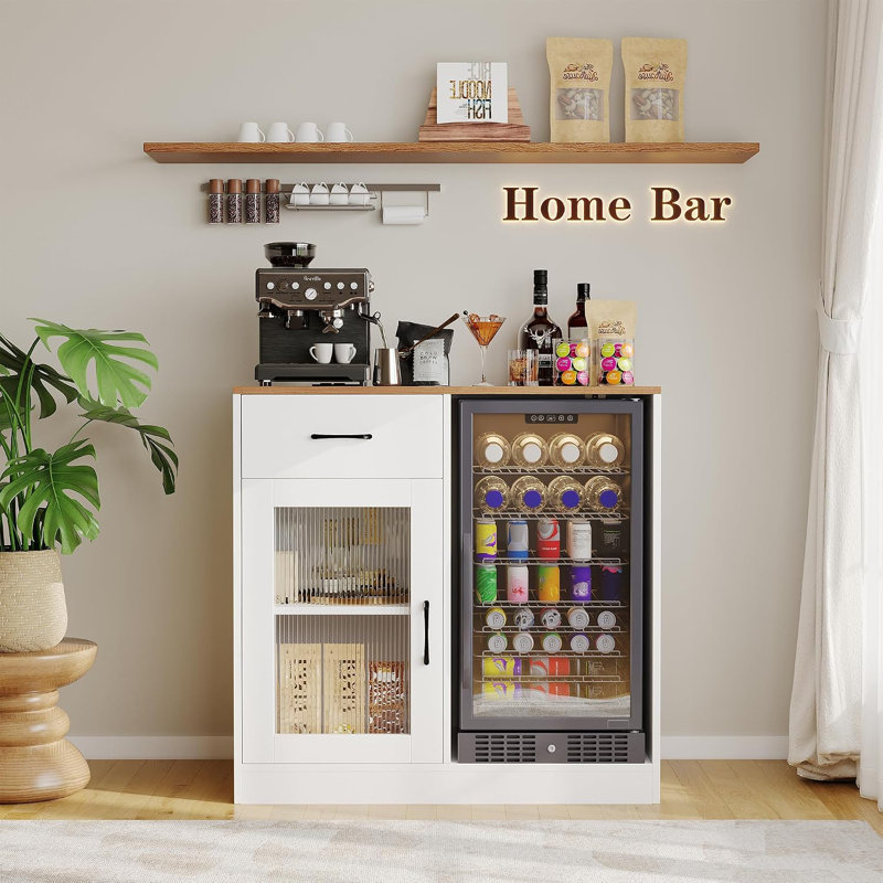 Meuble-bar à vin moderne avec mini-frigo, Brown + White