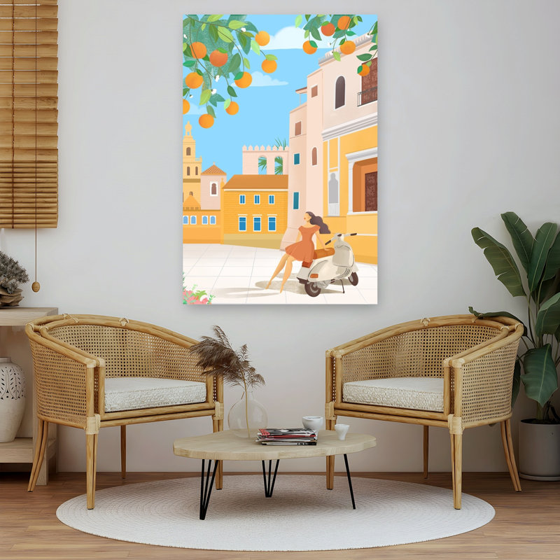 Oranges de Séville, Espagne - Affiche murale abstraite et contemporaine représentant un oranger et une architecture urbaine.