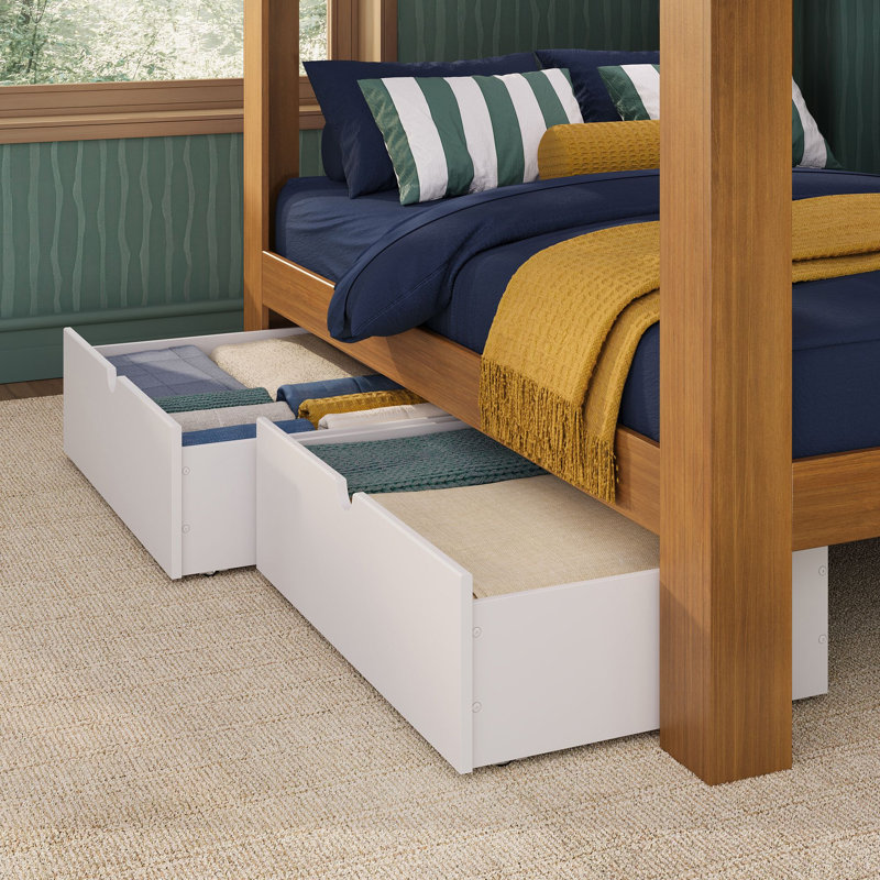 Mid-Century Modern Full Over Full Bunk Bed with Storage Drawers, Pecan/White