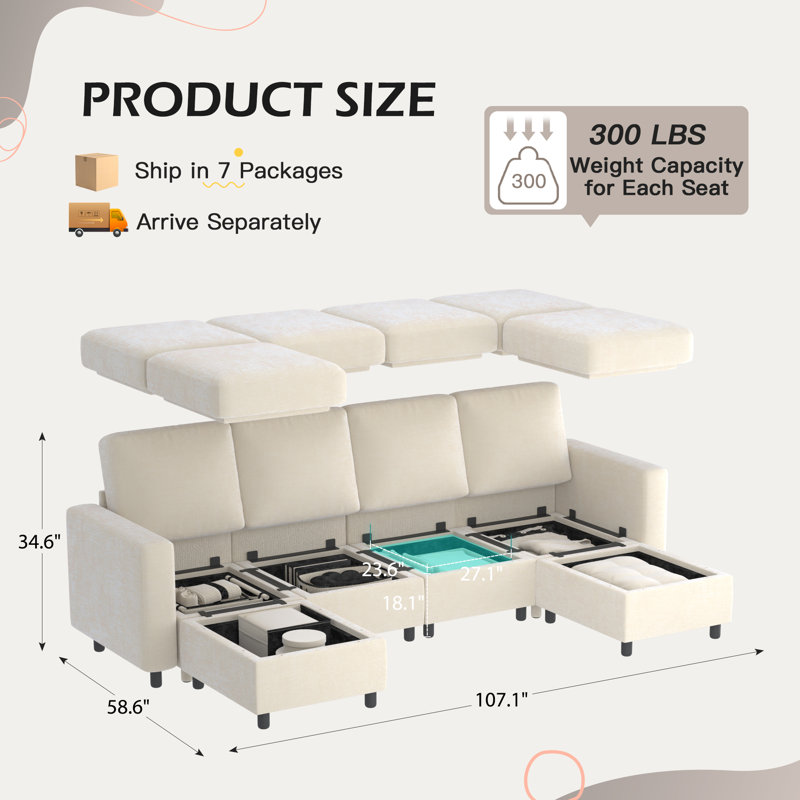 Modular Sectional Couch With Seat Storage , Modular Couches And Sofas Sectional with Ottoman, Beige Chenille