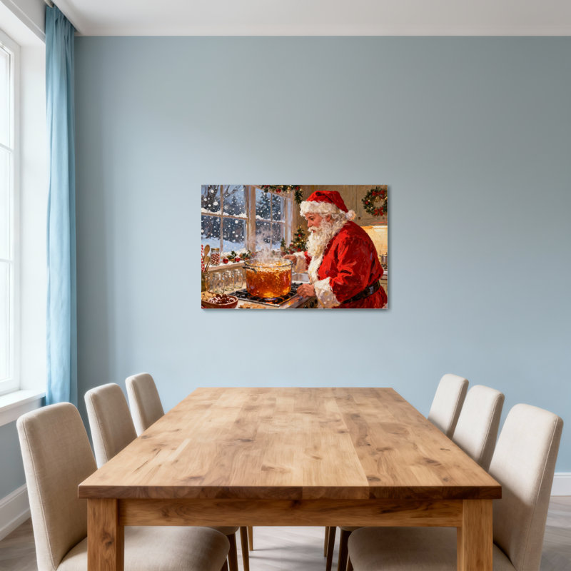Père Noël cuisinant dans la cuisine avec un décor des Fêtes, H 16 po x l 24 po