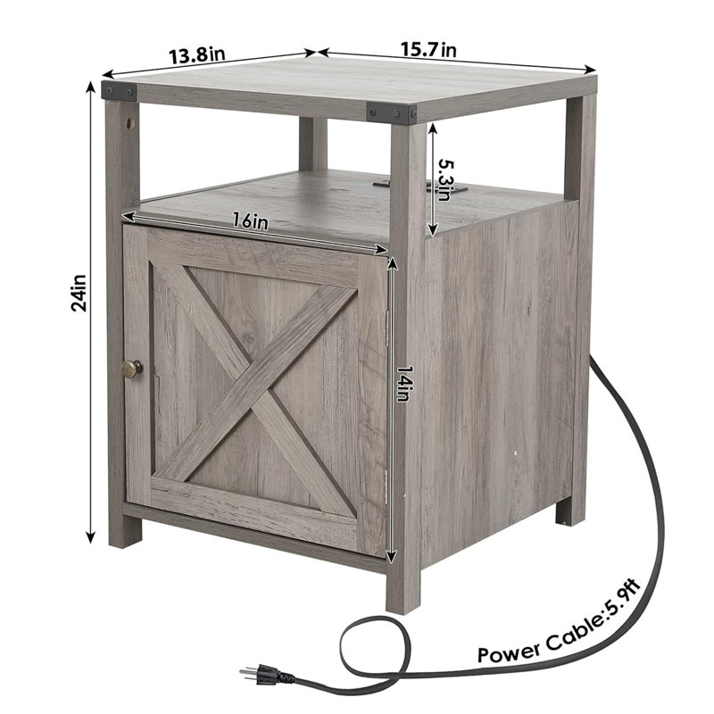 Table de chevet avec station de charge Farmhouse, Gris rustique