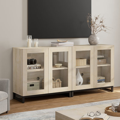 Modern TV Stand With Glass Doors For 70 Inch Tvs, 2 In 1 Entertainment Center Console With Adjustable Shelves And Metal Base For Living Room, Bedroom