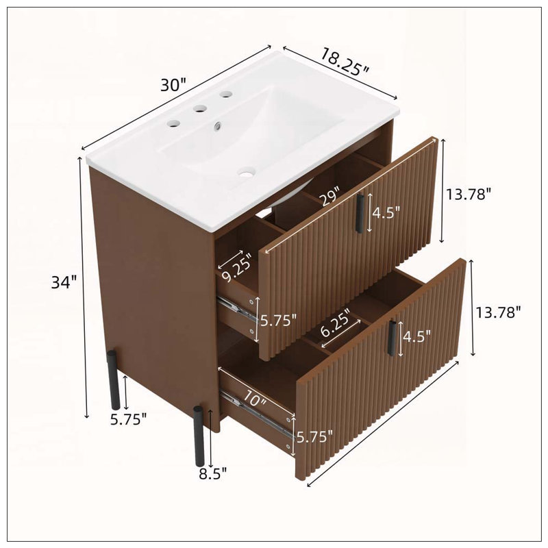 Meuble-lavabo de salle de bain avec lavabo en céramique, système de tiroir divisé et conception cannelée, Marron foncé