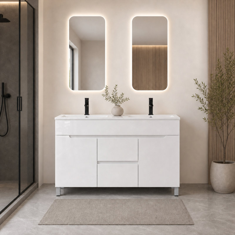 Ensemble de meuble-lavabo double autoportant standard autoportant Abaokoro avec plateau en résine