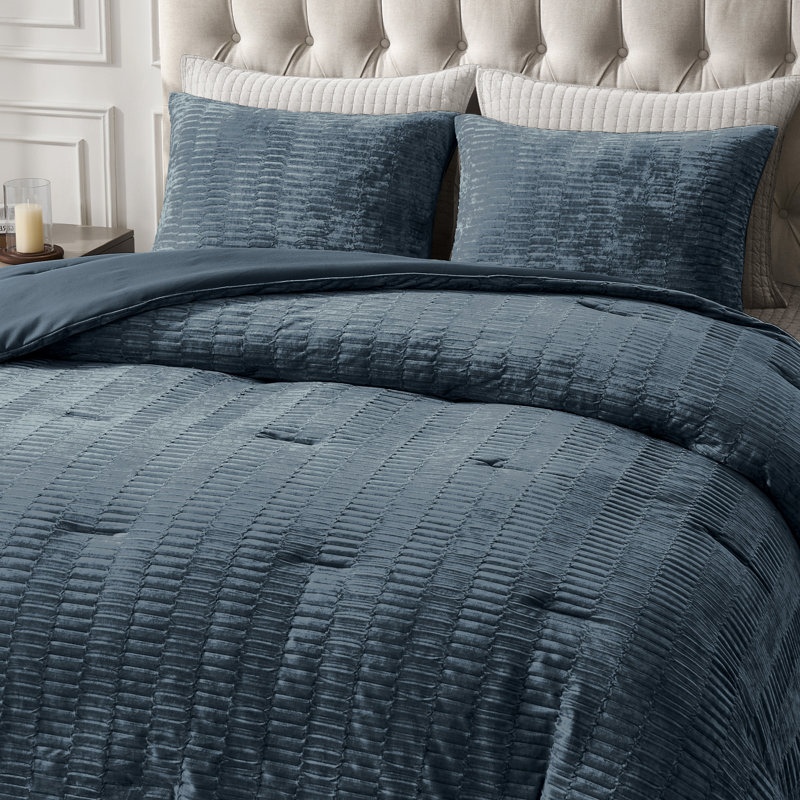 Ensemble d'édredon en velours froissé Wonderful Crinkle, Édredon pour grand lit + 2 taies décoratives, Bleu clair lac