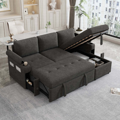 83.5" L-Shaped Convertible Sofa Bed With Storage Compartment, Dual Cup Holders & USB Ports