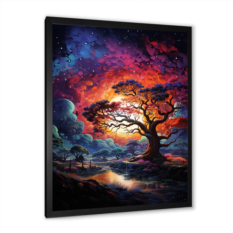 Baobab africain, teintes cosmiques - Art mural sur toile, arbre baobab, Cadre flottant noir, H 40 po x l 30 po