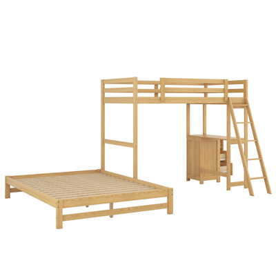 Twin over Full Bunk Bed with Built-in Desk, 3 Drawers, Solid Wood Kids Loft Bed,Natural