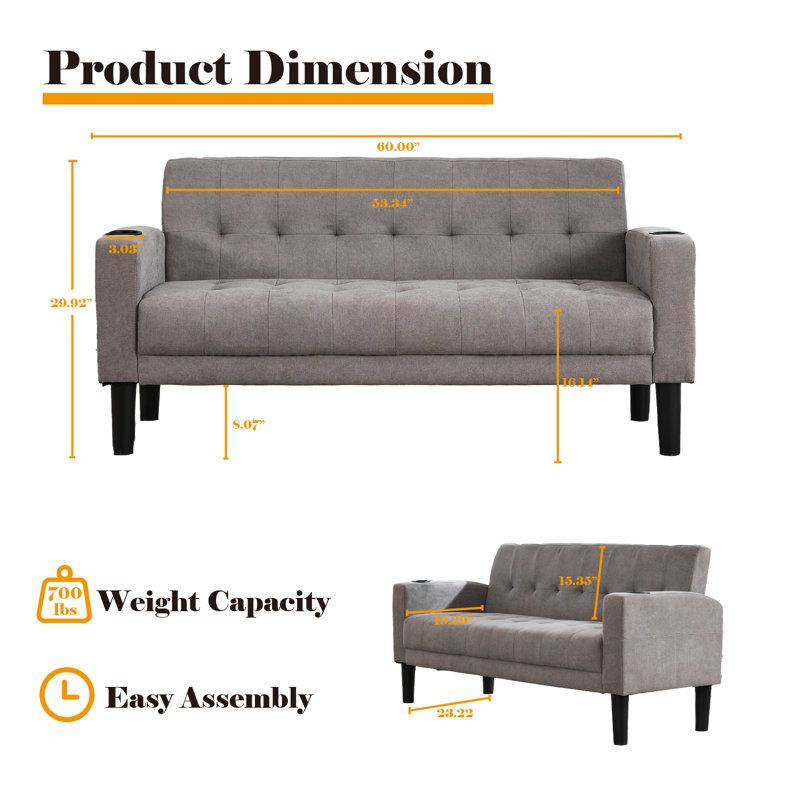 Akam Upholstered 60'' Sofa, Light Gray Linen