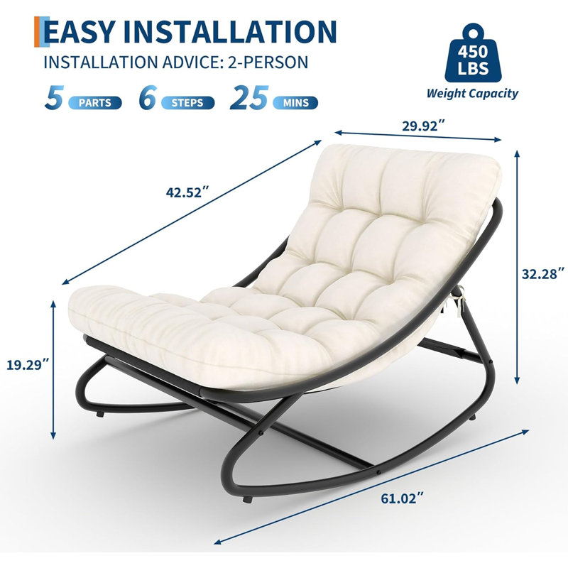 Indoor Outdoor Papasan Rocking Chair, Oversized Papasan Rocking Chair with Thick Cushion, 450 LBs Support, Comfy Rocking Egg Chair for Bedroom, Living Room, Patio, Porch, Garden