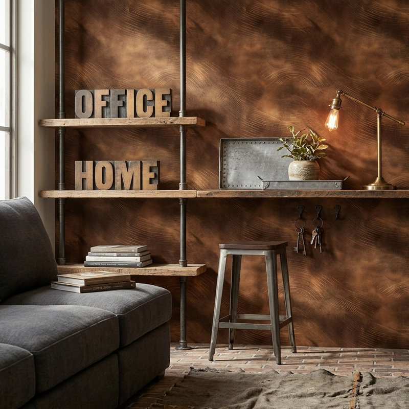 Papier peint à texture abstraite avec accents cuivrés décoratifs en similicuir, Non tissé, non collé