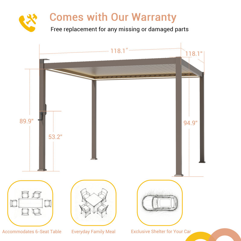 Solar LED Louvered Pergola, Outdoor Pergola with LED Strip Lights & Hardtop Metal Pergola with Adjustable Roof, 10 ft x 10 ft
