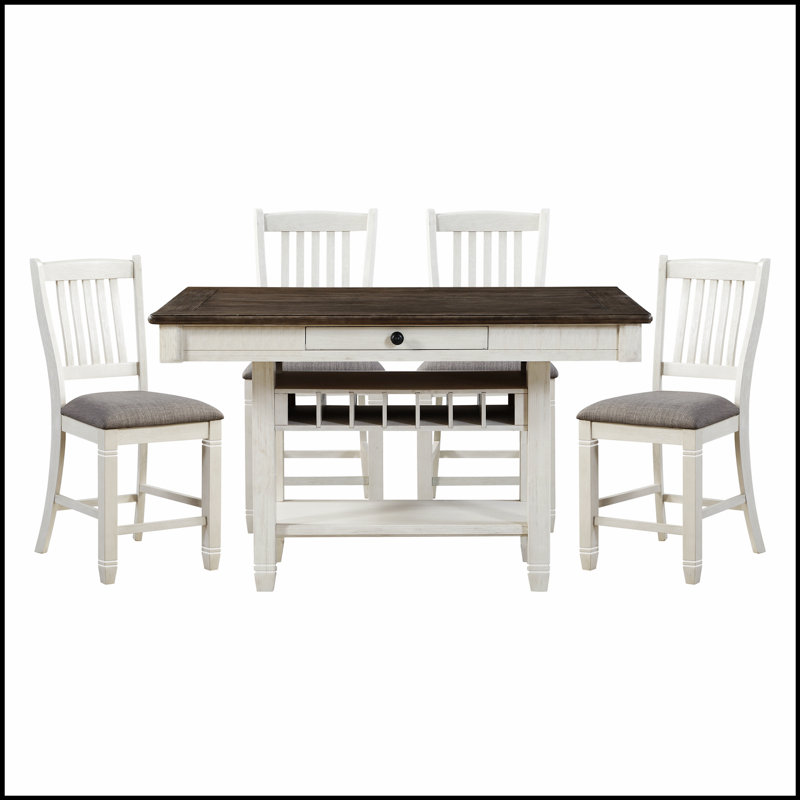 Table à hauteur de comptoir blanc antique et brun rosé avec tiroirs de rangement, tablette de présentation et support à vin pour une salle à manger élégante