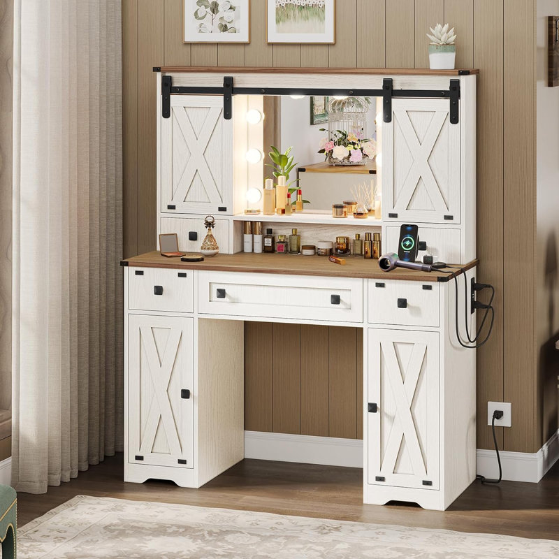 Farmhouse Vanity Desk With Mirror And Lights, White Makeup Dressing Vanity Table With Charging Station, Rustic Country Vanity Mirror With Sliding Barn Door 3 Lighting Modes Adjustable