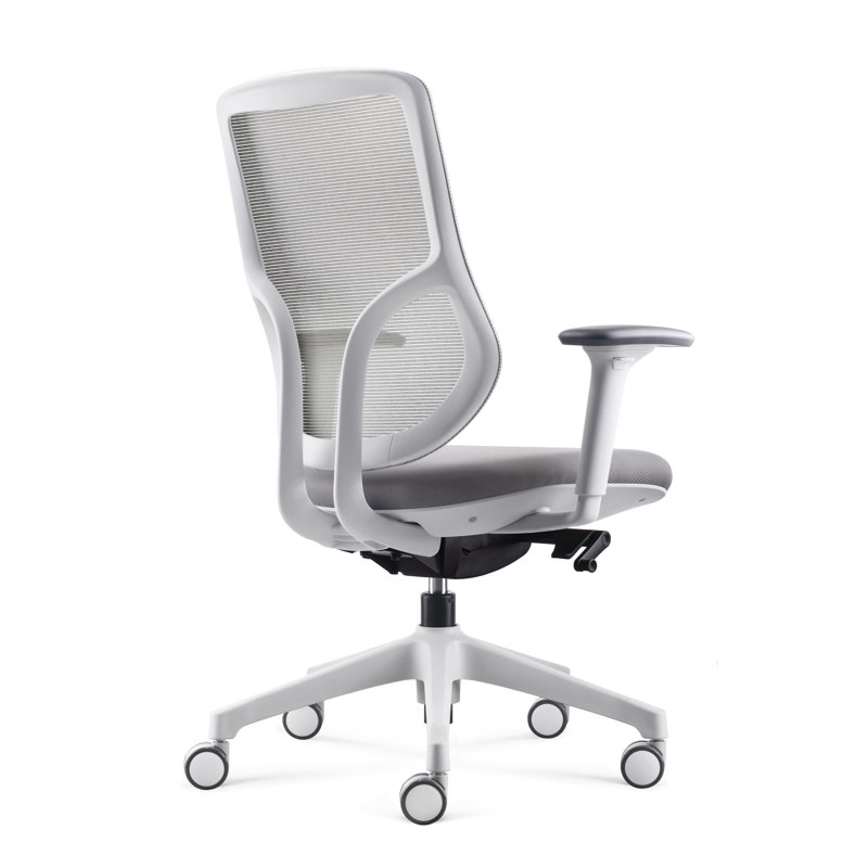 Chaise de travail ergonomique Tango avec housse en polyuréthane doux, accoudoirs et dossier en filet élastique, Gris clair