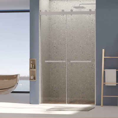 Dual Sliding Frameless Shower Door 44-48 in W x 75 in H,Sliding Shower Door with 5/16"(8mm) Clear Tempered Glass Shower Door,Silent Soft-Close Design, Easy to Clean Bathroom