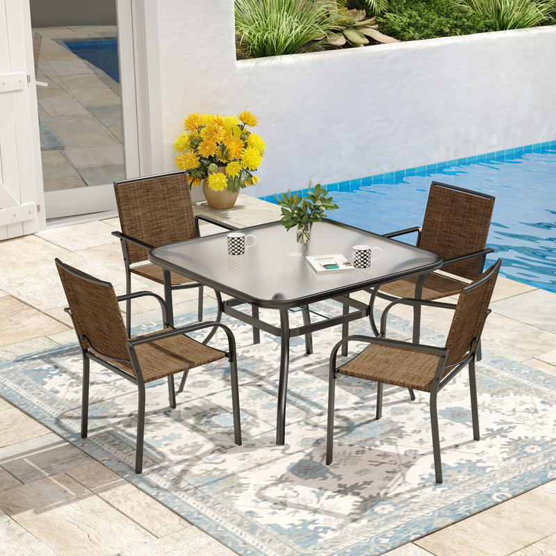 Ensemble repas pour 4 personnes avec table en verre trempé, Brun