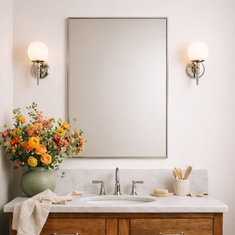 Chrome Bathroom Vanity Mirror with Squared Corners, 28x20'' Silver Rectangle Stainless Steel Metal Framed Mirror for Bathroom