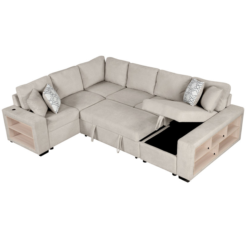 109" Sectional Bed In Beige With & Spacious Interior Storage Charging, Hidden 5 Capacity, Beige Chenille