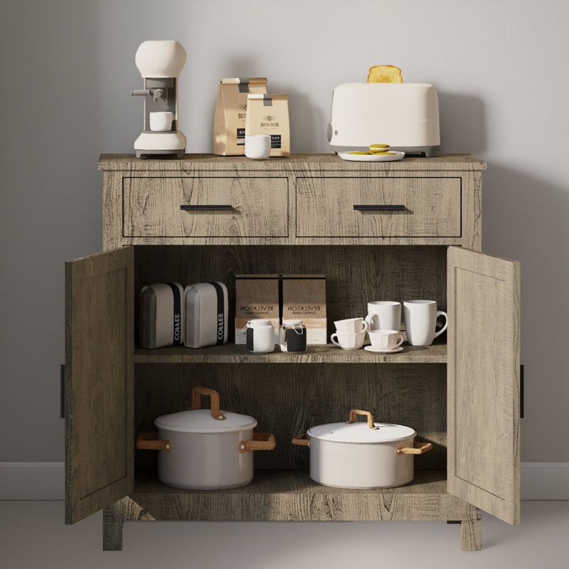 32" Wood Sideboard Console Table with Drawers and Cabinets, Grey