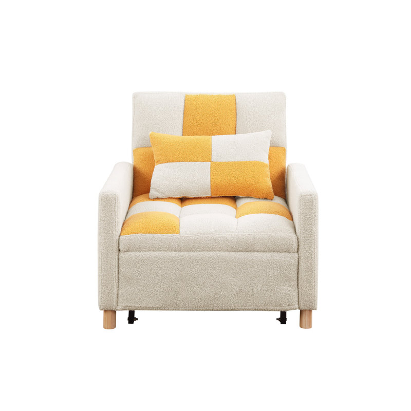 Convertible Sleeper Sofa Chair Pull Out Couch Small Couch Small Sofa With a Pillow, Yellow/White Teddy
