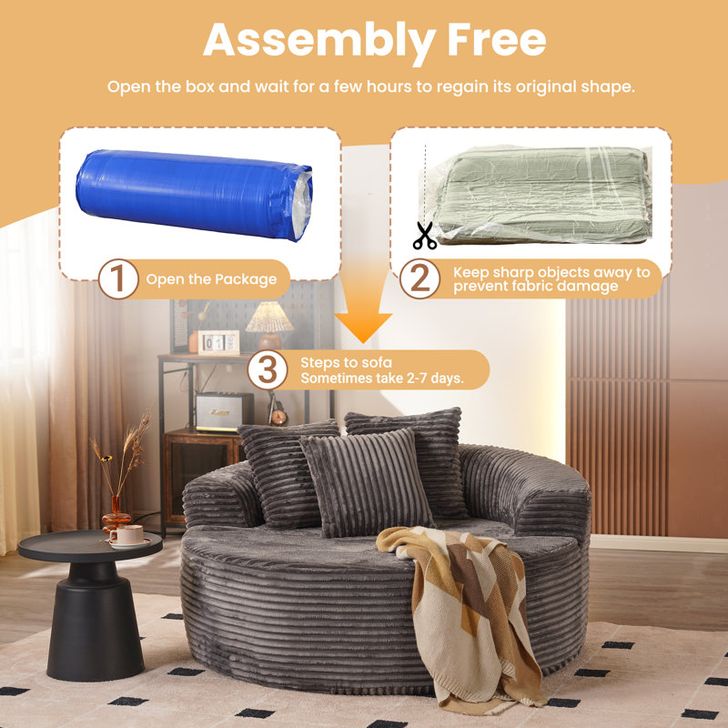 58.28" Wide Oversized Round Chaise Lounge Chair, Cloud Large Circle Chair With Plush Upholstered Modern Soft Big Single Couch, No Assembly Required (Set Of 2)