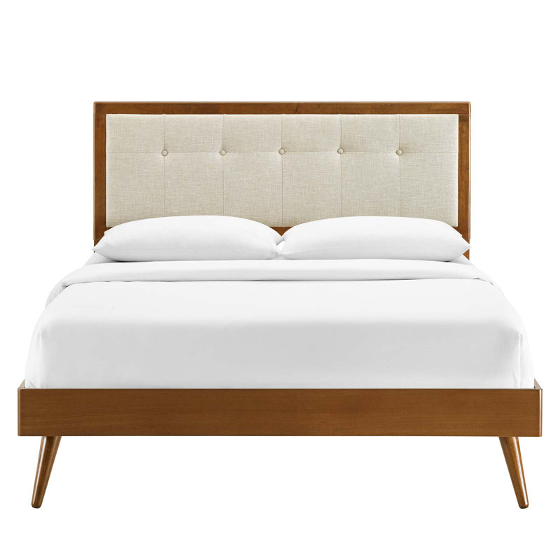 Willow Wood Platform Bed with Splayed Legs, Walnut/Beige, Queen