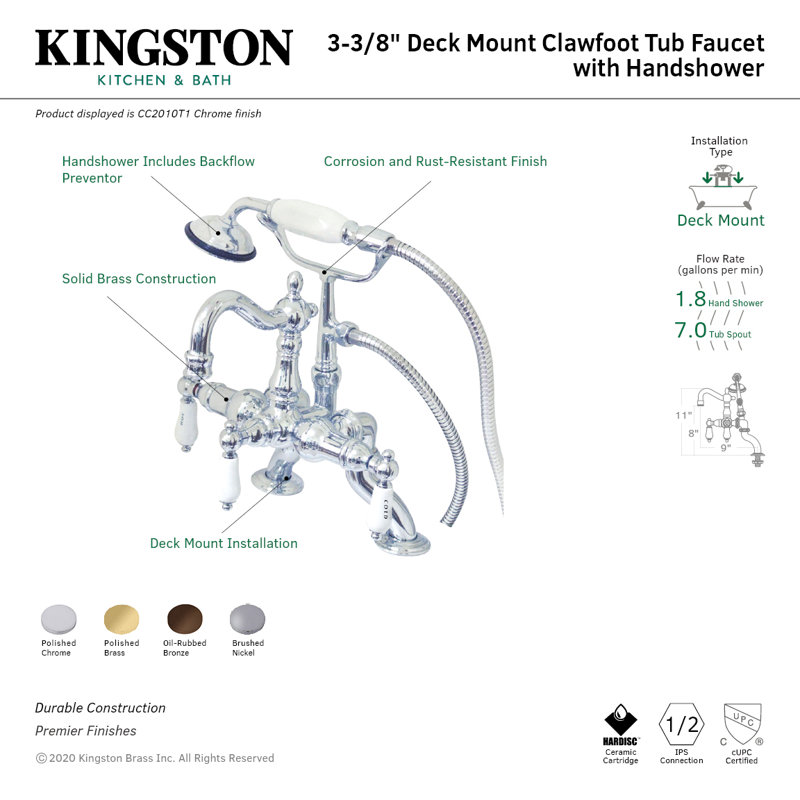 Kingston Brass Vintage Three-Handle 2-Hole Deck Mount Clawfoot Tub Faucet with Hand Shower, Polished Chrome