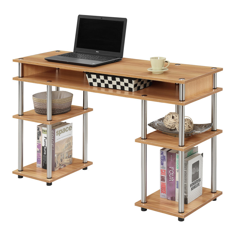 Edwin No Tools Writing Desk with Shelves, Light Oak/Silver Poles