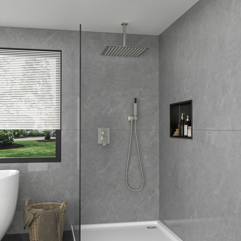 Ceiling Mount Ultra Thin Rainfall Shower Head Square Overhead Shower, Brushed Nickel, 16" Width, 2.5 GPM