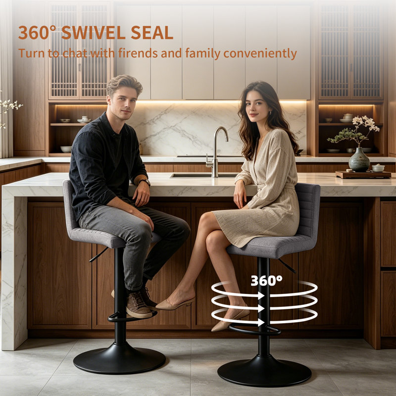 Modern Suede Height Adjustable Bar Stool with Low Back & Footrest 360 Swivel Kitchen Counter Stool, Grey