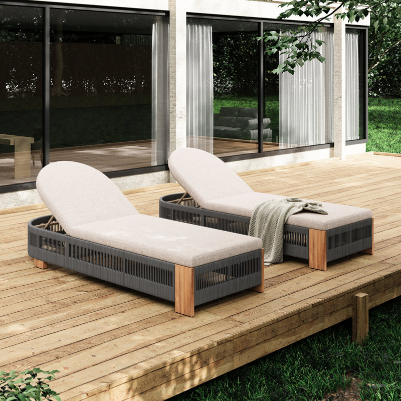 Uncushioned Outdoor Wood Patio Adjustable Lounge Chair Of 2 With Grey Rope, Natural Iron And Weather - Features Uncushioned, Outdoor, Wood, Patio, Chair, Iron, Structure