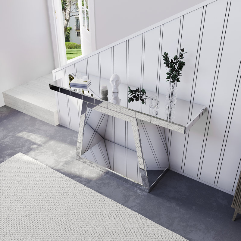 Console en verre 55,9 po tout miroir avec base trapézoïdale - conception réfléchissante, surface résistante aux égratignures et rangement ouvert