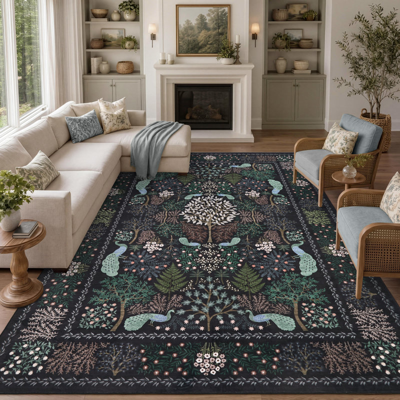 Tapis lavable Peacock Botanical, Navy, Rectangle 9' x 12'