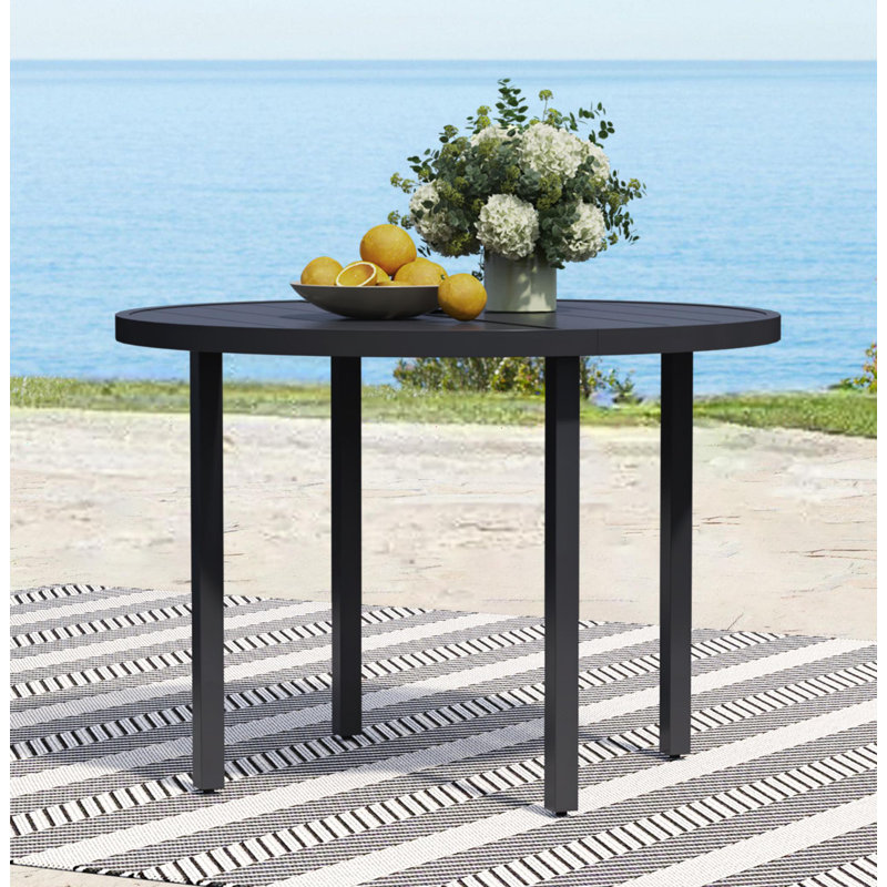 Metal Outdoor Table, Round Table for 6 with Umbrella Hole, Patio Table with Modern Minimalist Design, Black
