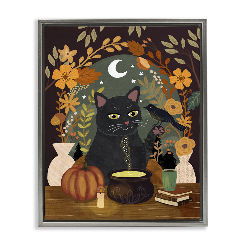 Cadre flottant Autumnal Cat & Cauldron, design par Mia Charro, H 31 po x l 25 po, Cadre flottant gris lustré