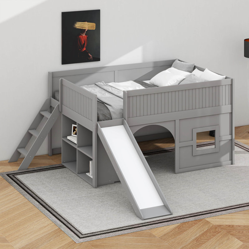 Full Size Low Loft Bed With Slide And Shelves, Multiple Functions Wooden Low Loft Bed Frame With Storage Shelves, Door And Window Design